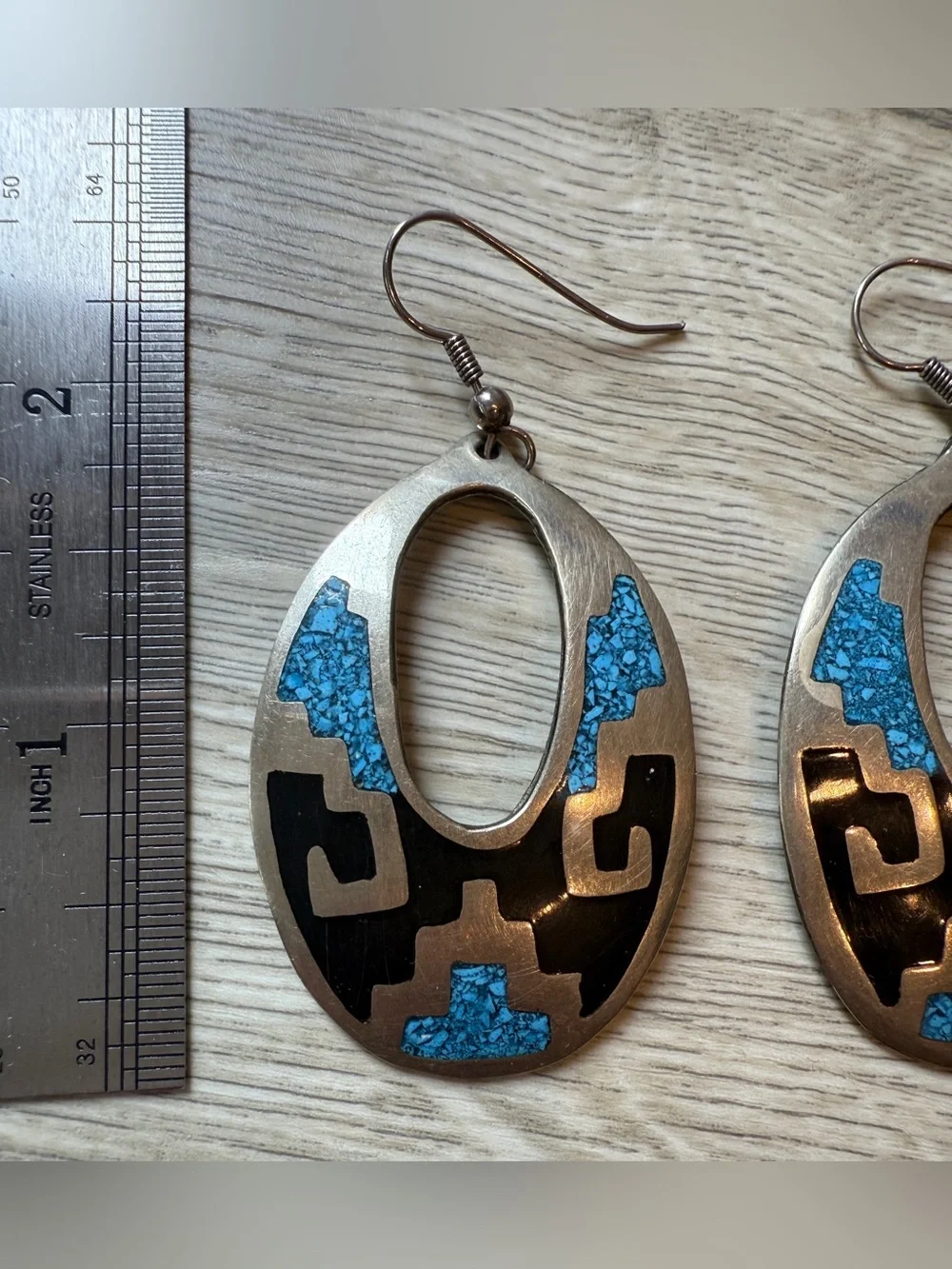 Vintage Alpaca Mexico Geometric Turquoise Black French Hook Earrings Silver 2.5”